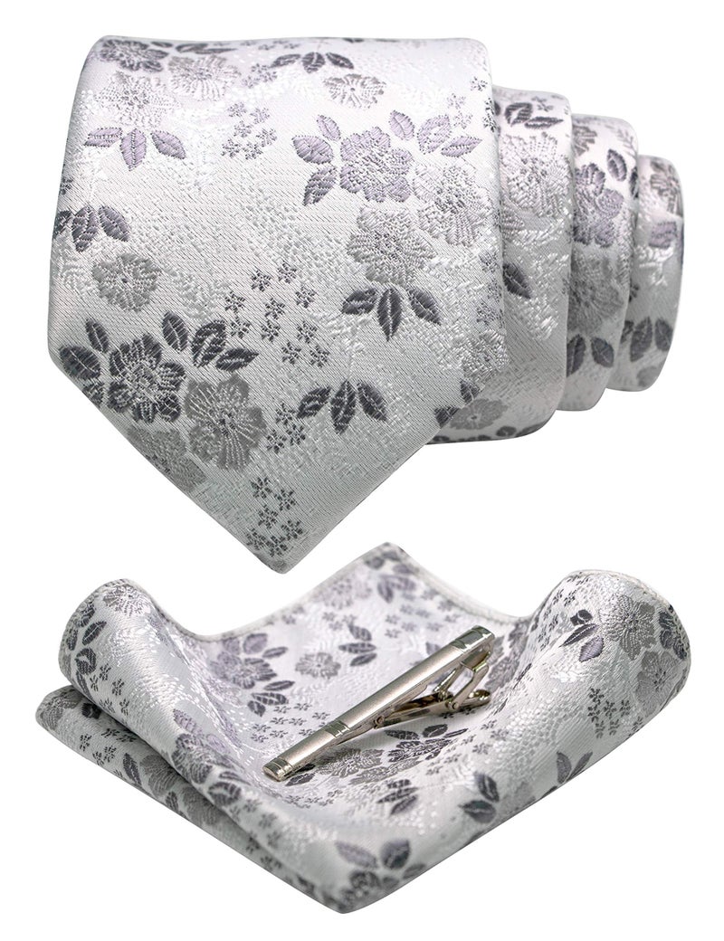 JEMYGINS Silk White Floral Necktie and Pocket Square, Hankerchief and Tie Bar Clip Sets for Men (11) - Image 1